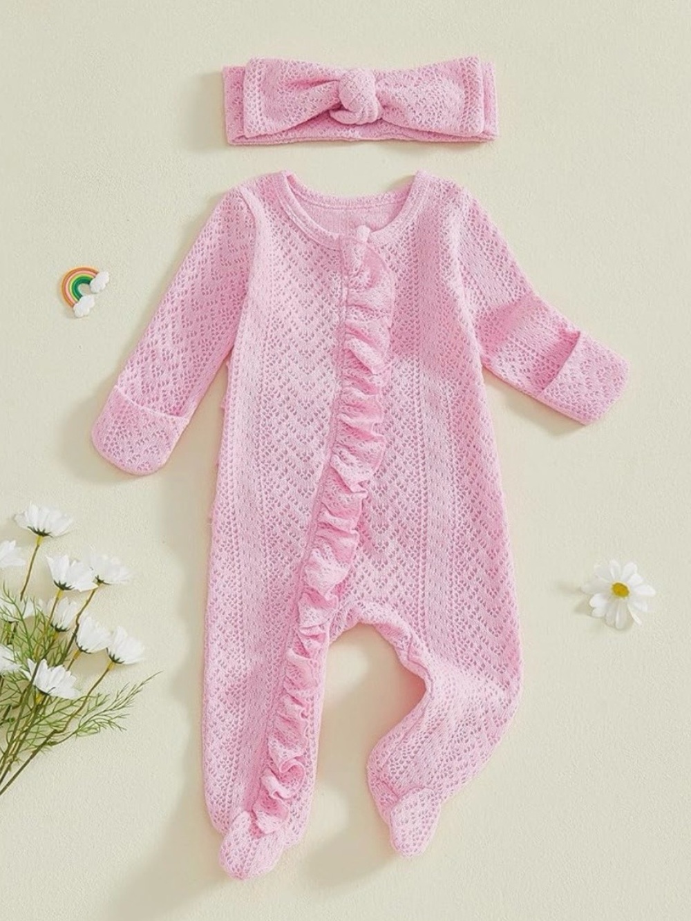 Baby Pink Knit Ruffle One-Piece with Headband zip Sleeper Newborn All Seasons